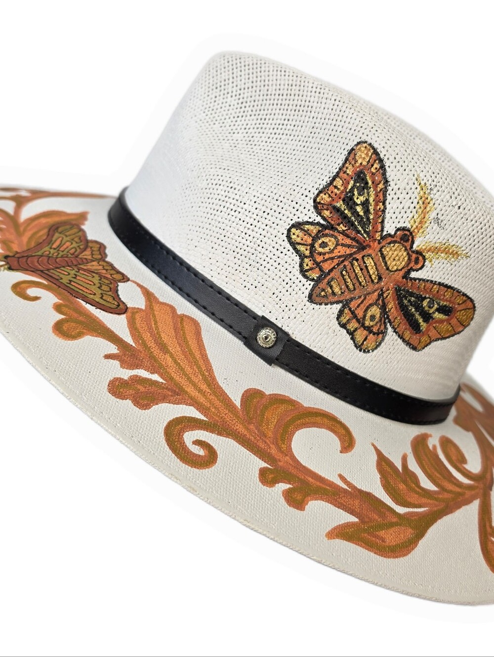 Alternative Sun Hat - Hand Painted Death Head Hawk Moth White and Gold Size Larg